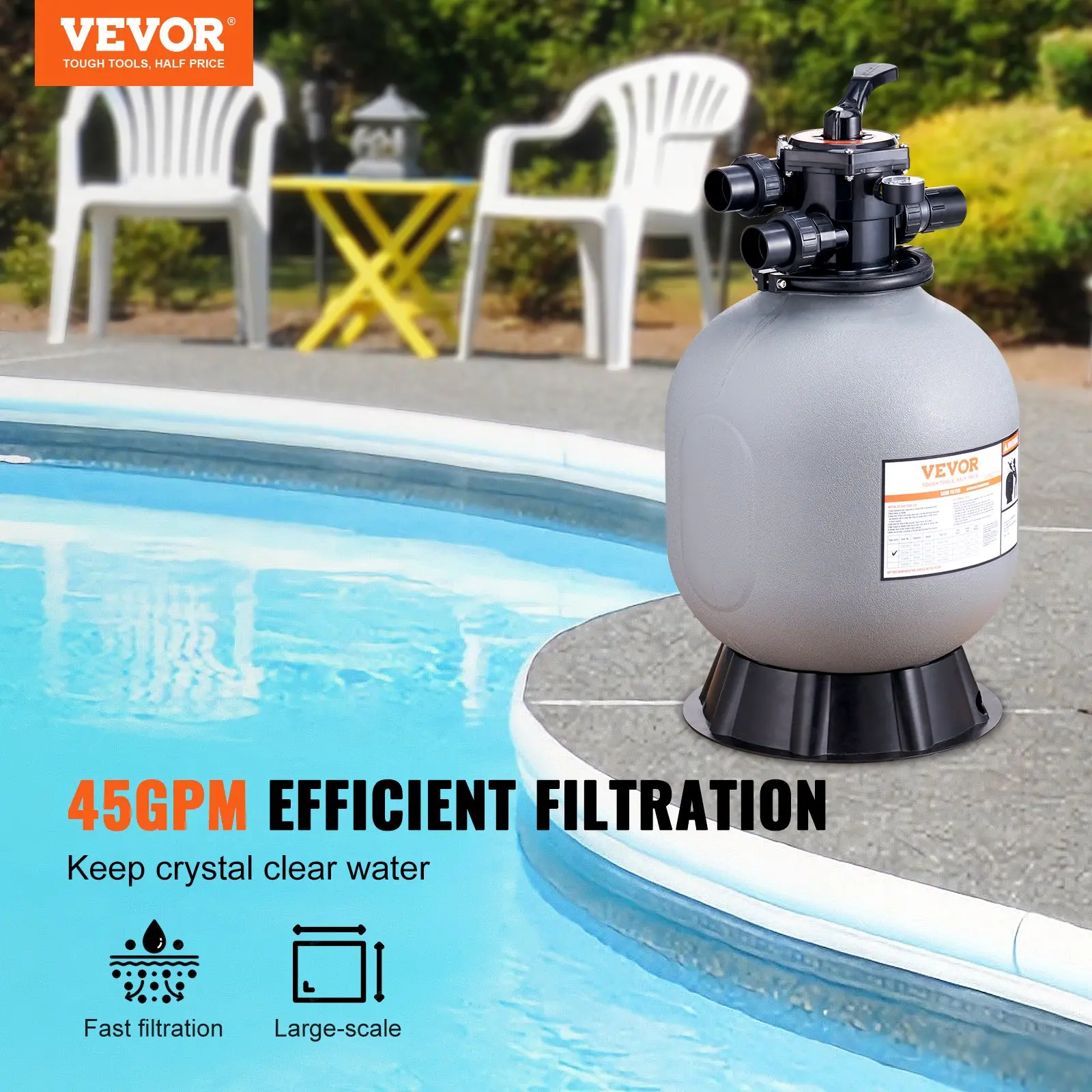 Vevor pool filter beside swimming pool