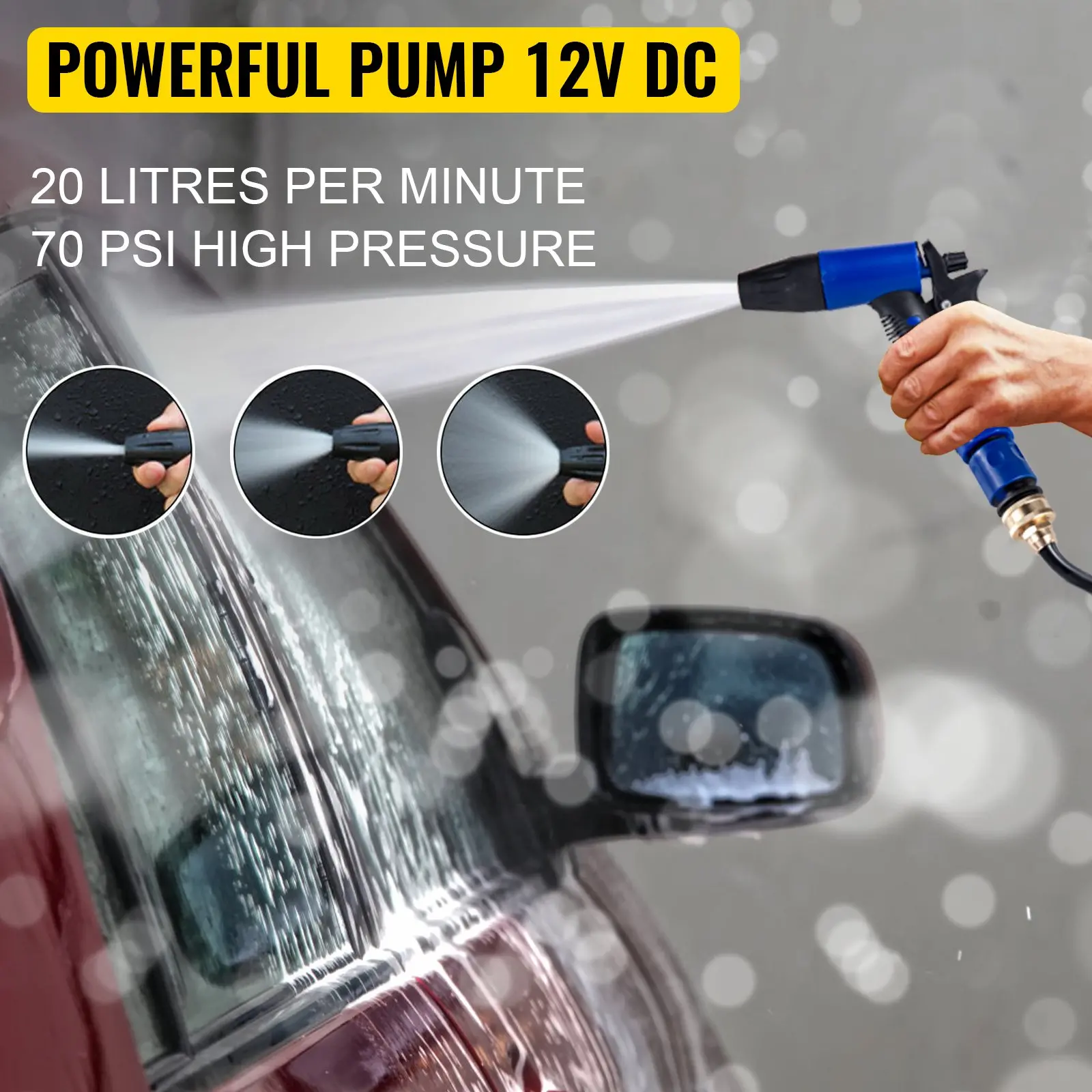 12V DC pump spraying water on car