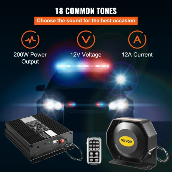 Police car siren with 18 tones, 200W, 12V, 12A.