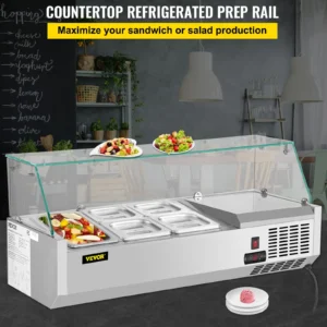 Countertop refrigerated prep rail for sandwich and salad.