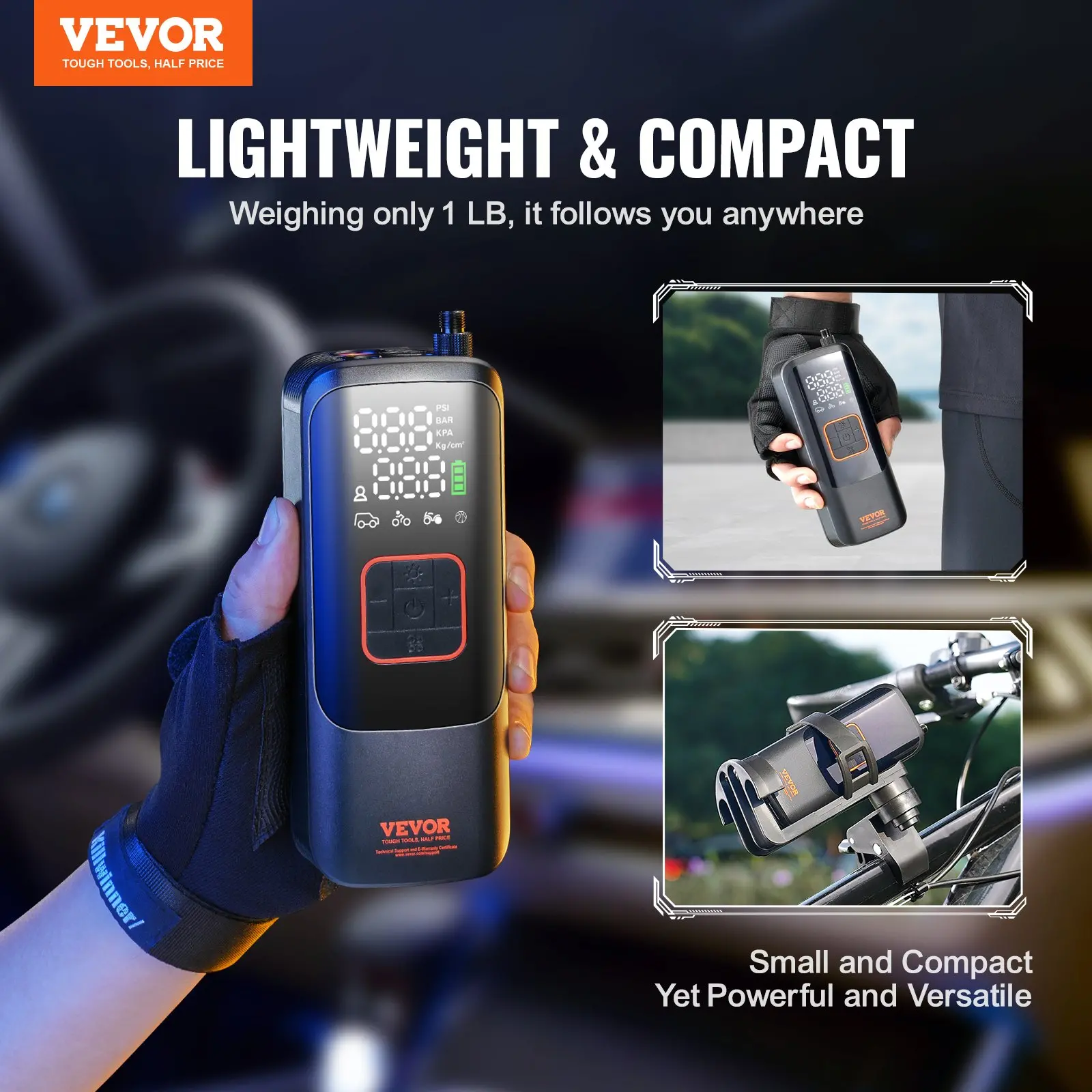 Handheld tire inflator, lightweight and compact by Vevor.