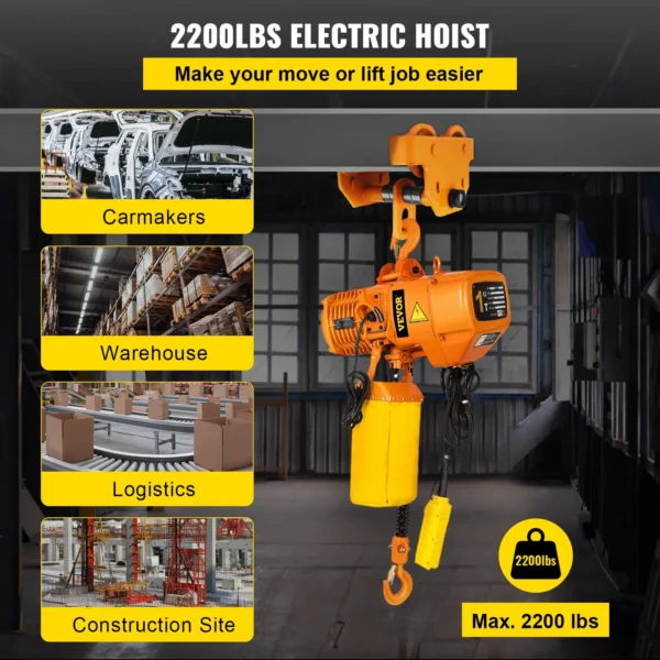 2200LBS Double Electric Chain Hoist, Yellow - High Performance Lifting Solution