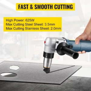 Handheld electric metal sheet cutter specifications and usage.