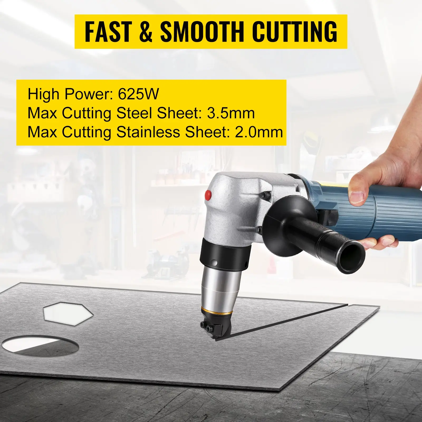 Handheld electric metal sheet cutter specifications and usage.