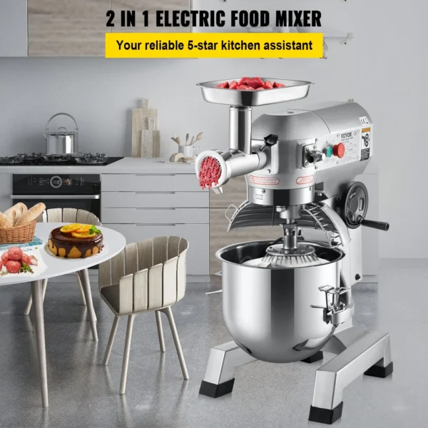 Professional 20Qt Commercial Stand Mixer with 1100W Motor, Stainless Steel Bowl & 2-in-1 Food Mixer & Meat Grinder - Ideal for Bakeries & Pizzerias