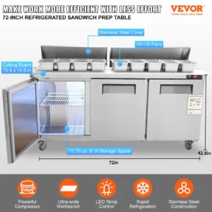 72-inch refrigerated sandwich prep table with features labeled.