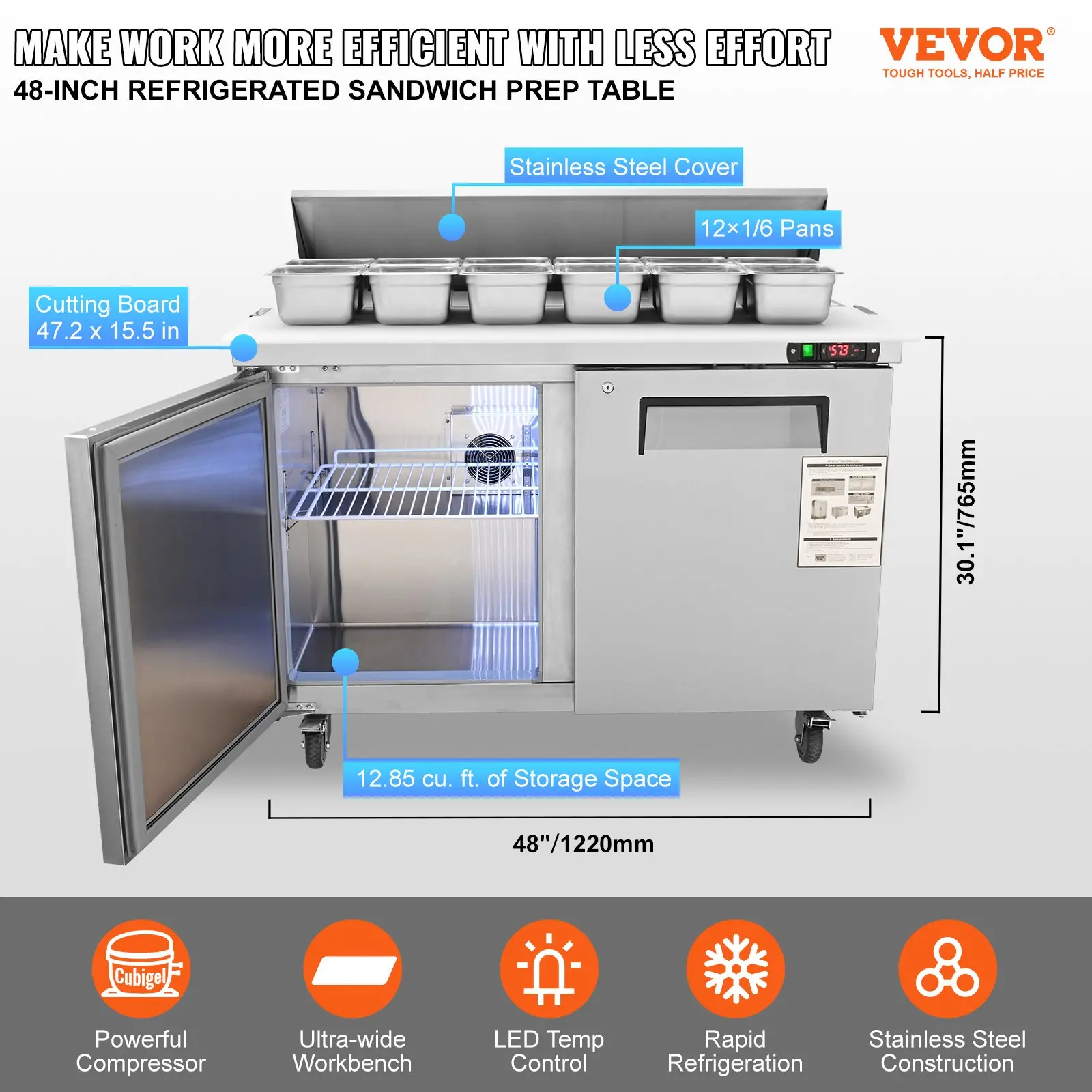 48-inch refrigerated sandwich prep table with features