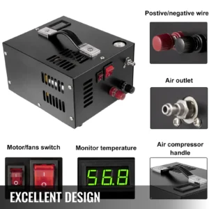 Air compressor with temperature monitor and switches.