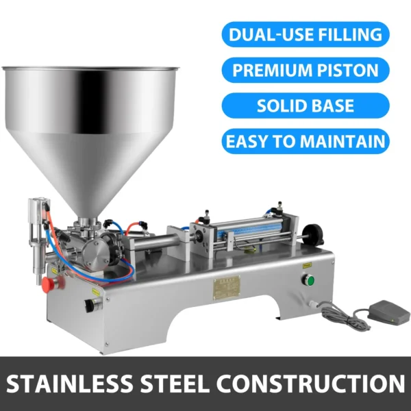 Horizontal Pneumatic Liquid Filling Machine 10-300ML | Dual-Use Paste & Liquid Filler with 30L Hopper | Stainless Steel Construction