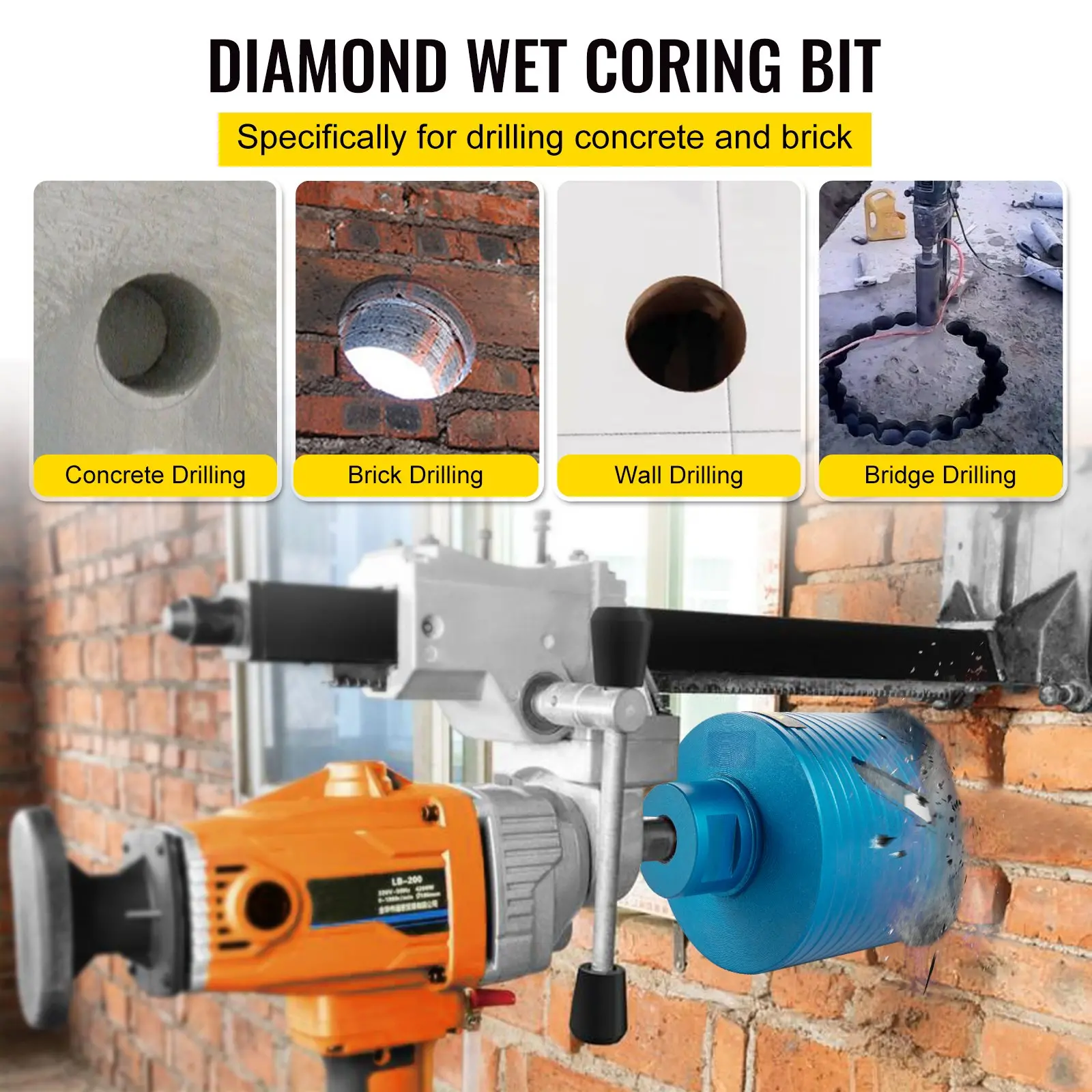 Diamond wet coring bit for drilling concrete and brick.