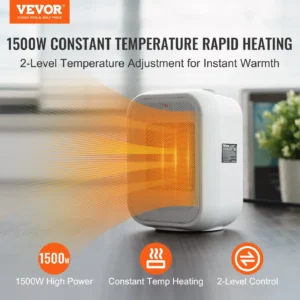 1500W rapid heating heater with 2-level temperature control.