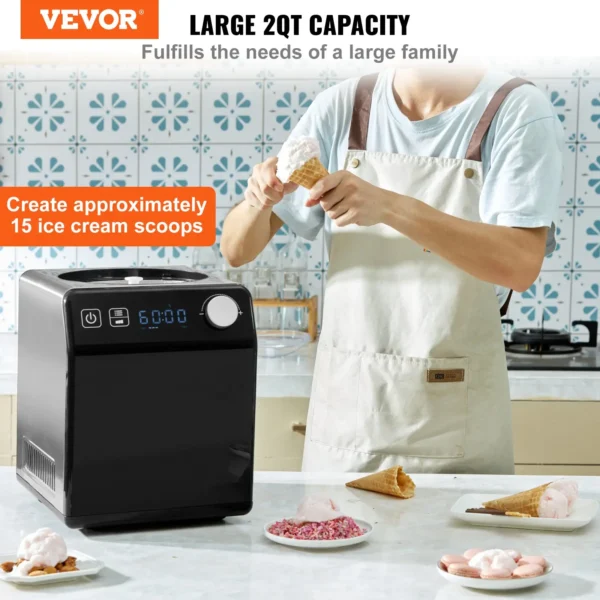 VEVOR Upright Automatic Ice Cream Maker - 2 Quart Compressor, Stainless Steel Electric Sorbet & Gelato Maker with Digital Display & Timer