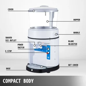 Shaved ice machine with labeled parts.