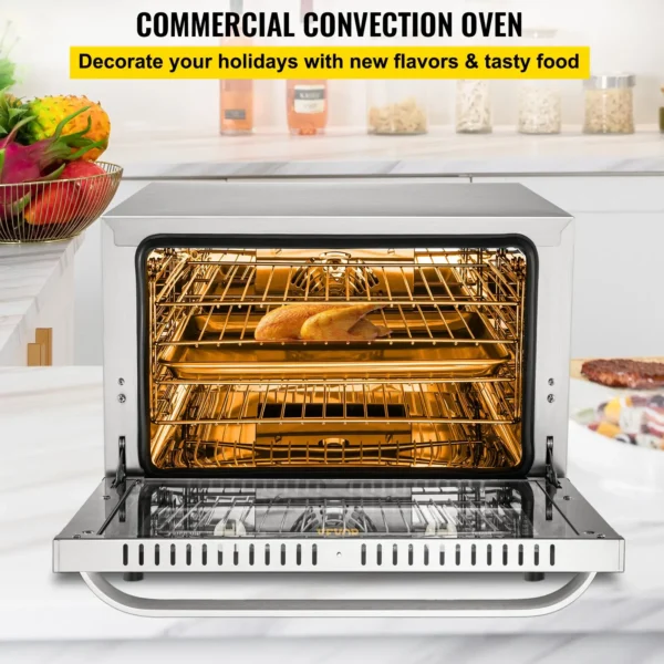 Commercial convection oven in modern kitchen with food.