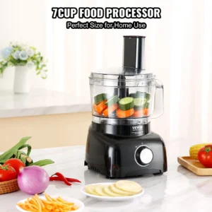 7-cup food processor on kitchen counter with vegetables