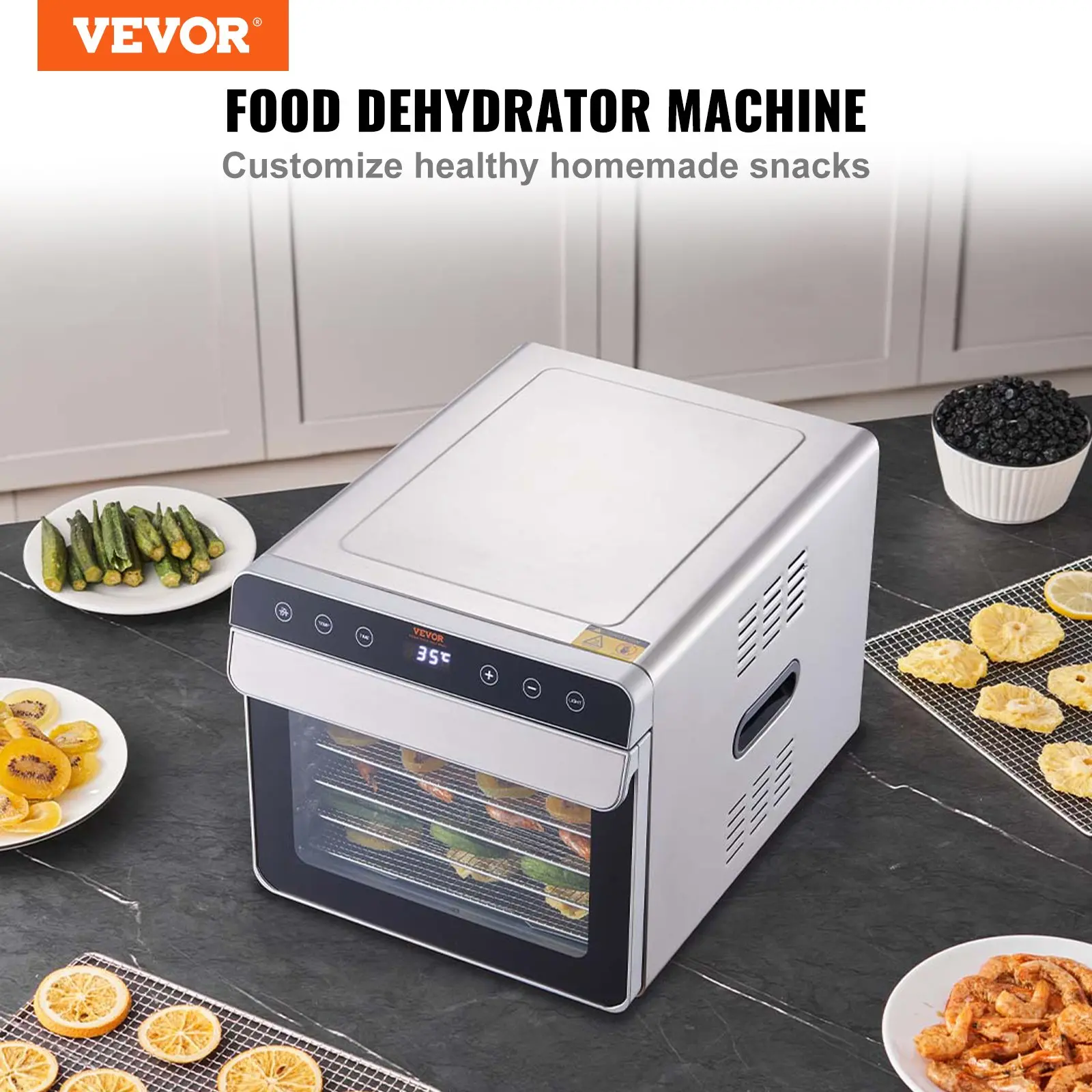 Vevor food dehydrator machine on kitchen counter.