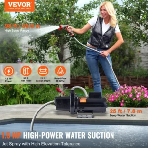 Woman using Vevor water pump for garden watering.