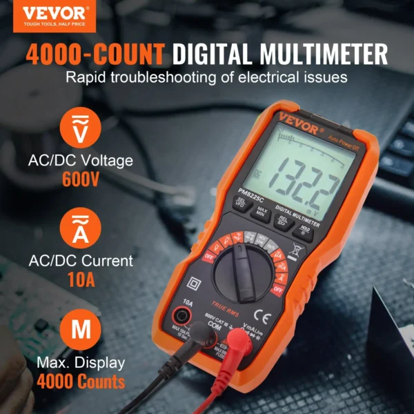 Digital Multimeter, 4000 Counts TRMS Voltmeter Ohm Volt Amp Tester Accurate DC/AC Measurement, NCV Function, High Reliability with Test Probes