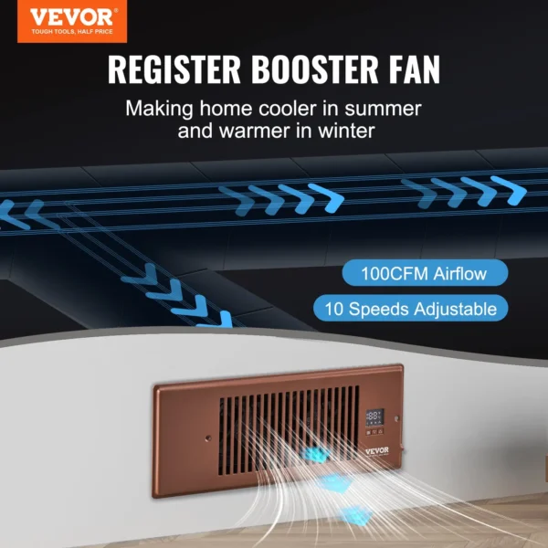 Quiet Register Booster Fan with Remote & Thermostat Control, Adjustable Speed, Fits 4x12 Register Holes - Brown