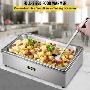 Full-sized stainless steel food warmer serving pasta.