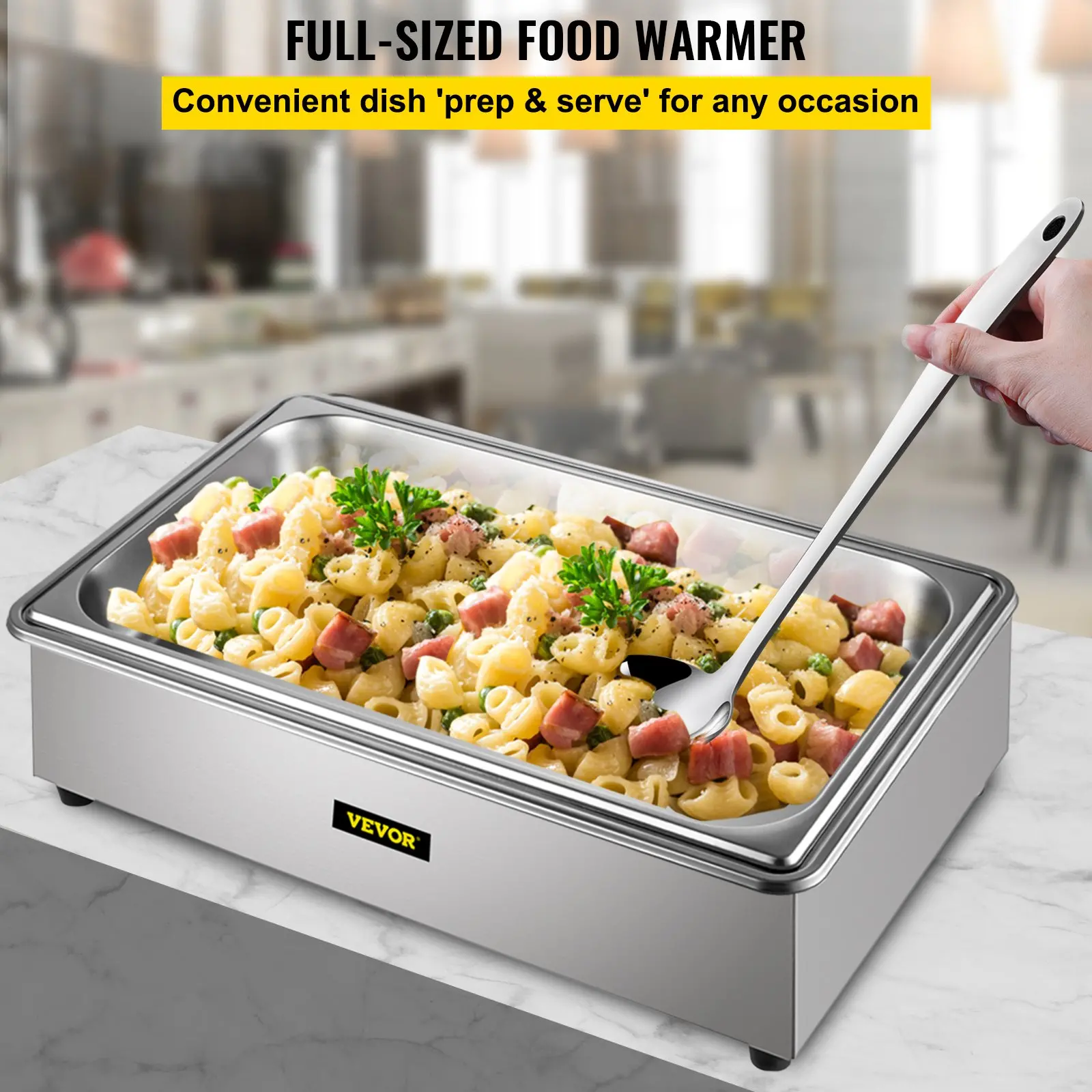 Full-sized stainless steel food warmer serving pasta.