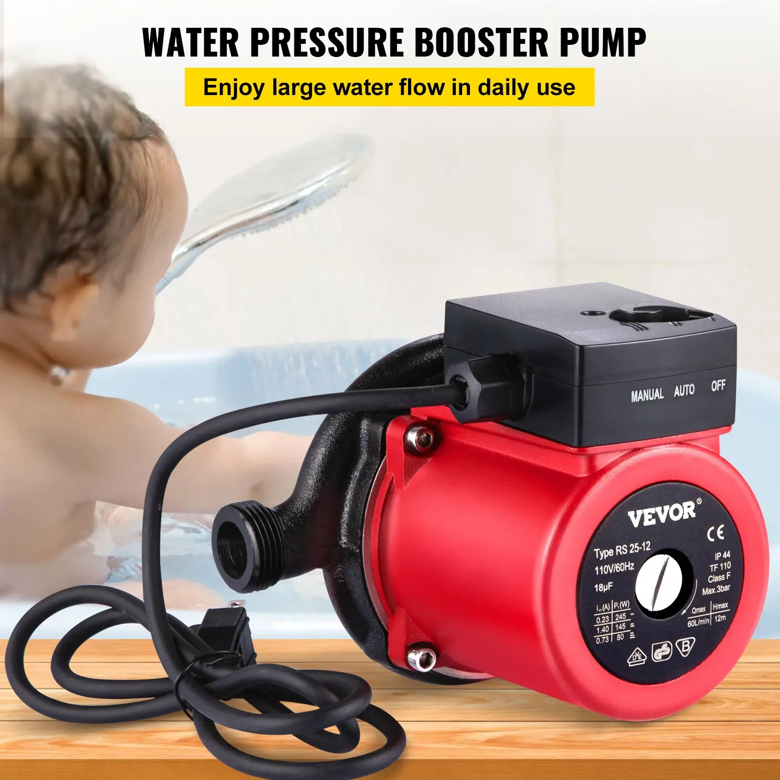 Water pressure booster pump for enhanced flow.