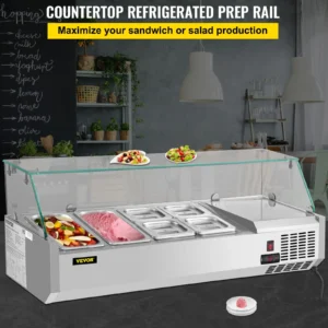 Countertop refrigerated prep rail for sandwich, salad production.