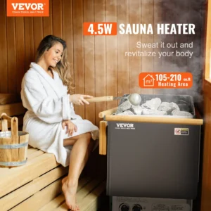 Woman using VEVOR 4.5W sauna heater for relaxation.