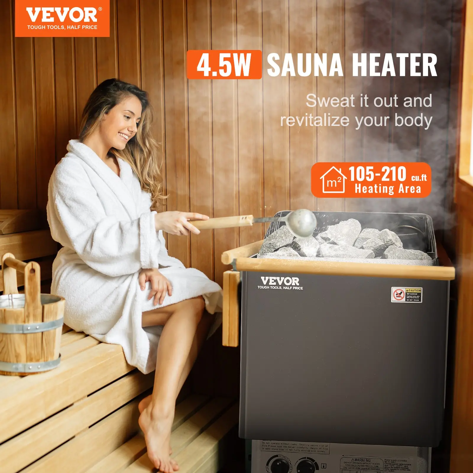 Woman using VEVOR 4.5W sauna heater for relaxation.