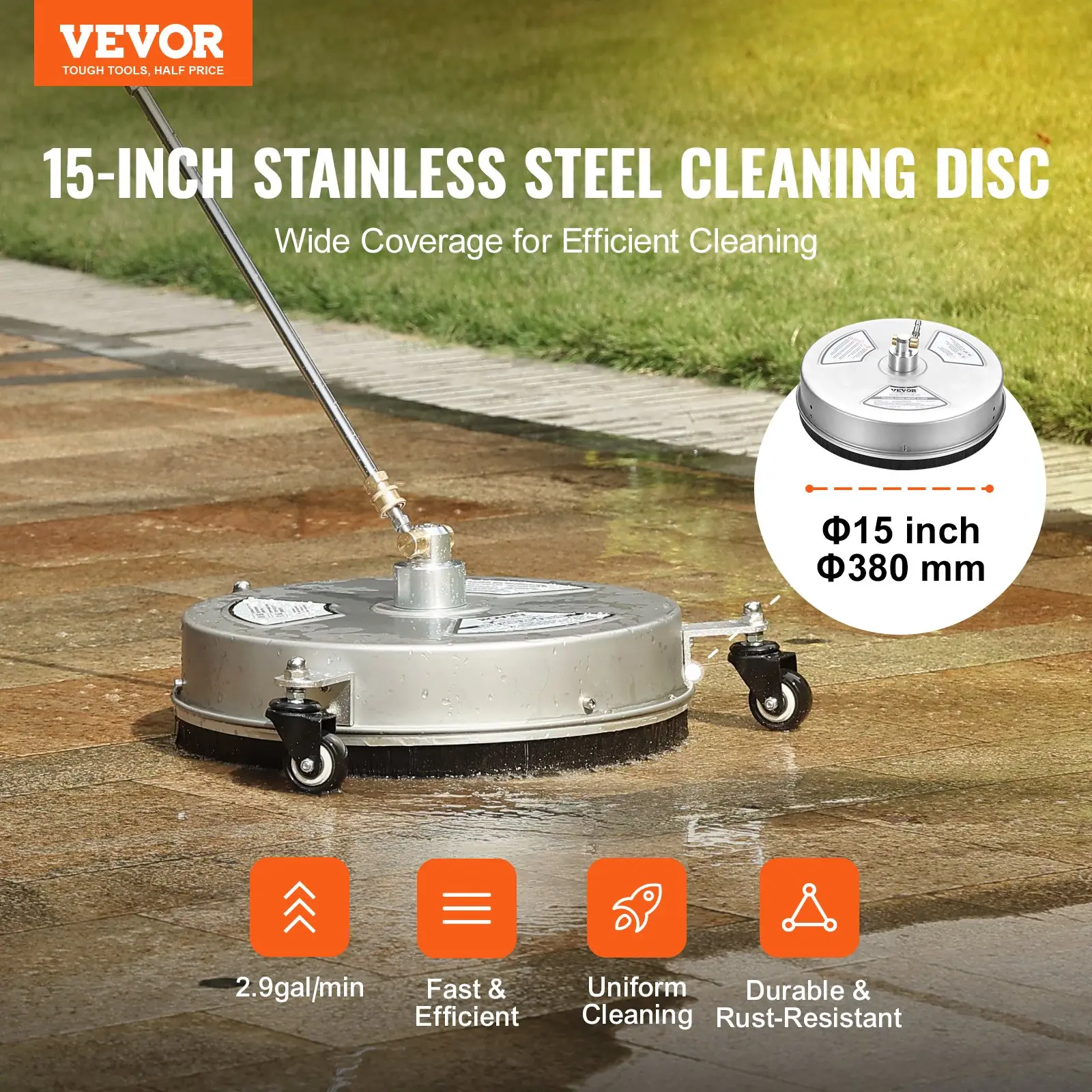 15-inch stainless steel cleaning disc on patio