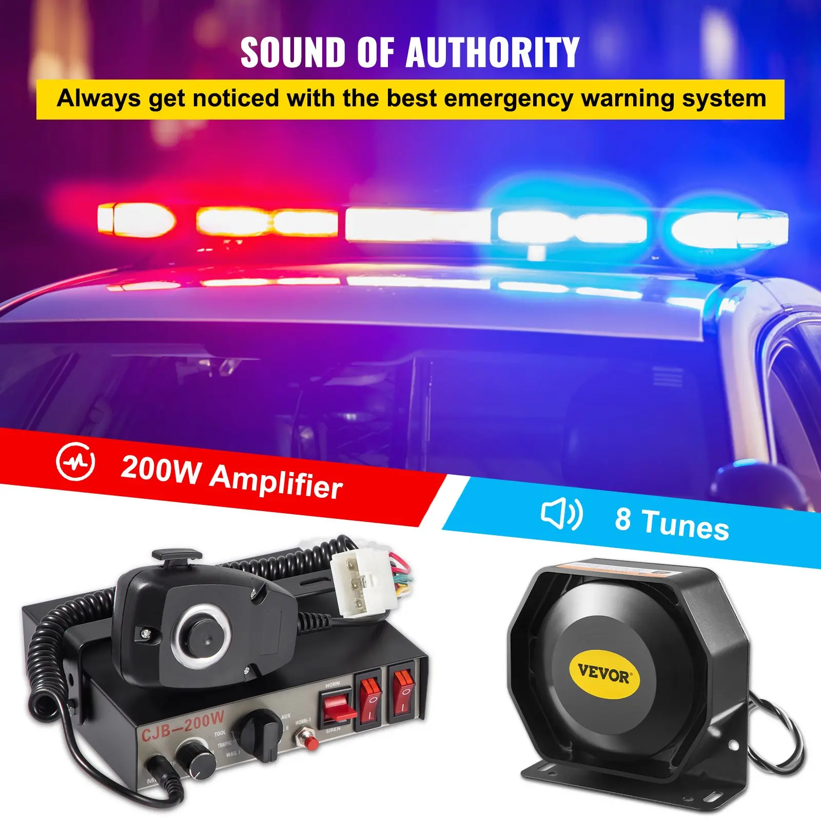 Emergency vehicle warning system with light bar and amplifier.