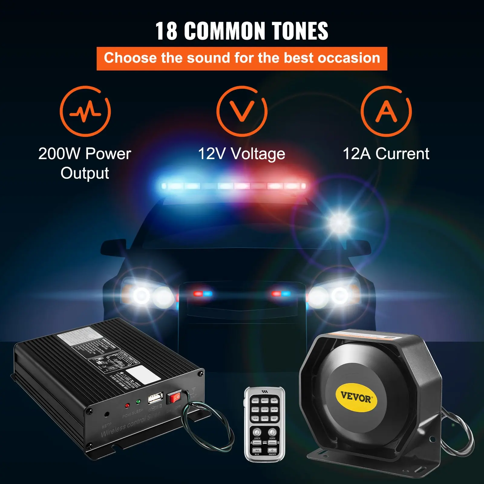 Police vehicle siren sound system specifications and components displayed.