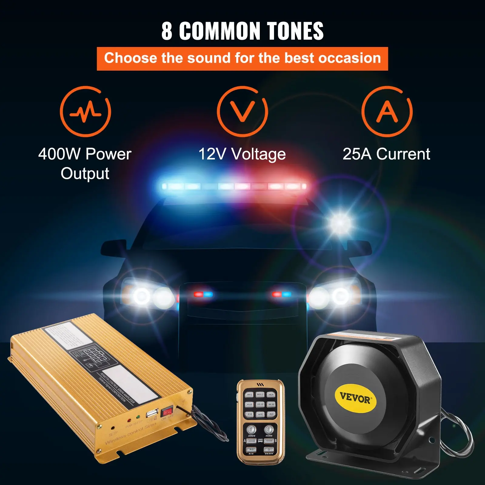 Police car sirens with controls, 8 common tones