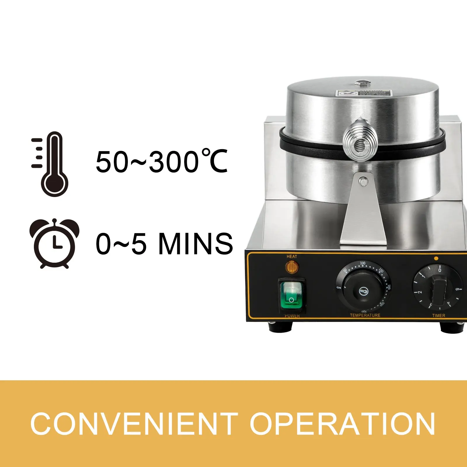 Commercial waffle maker operation details.