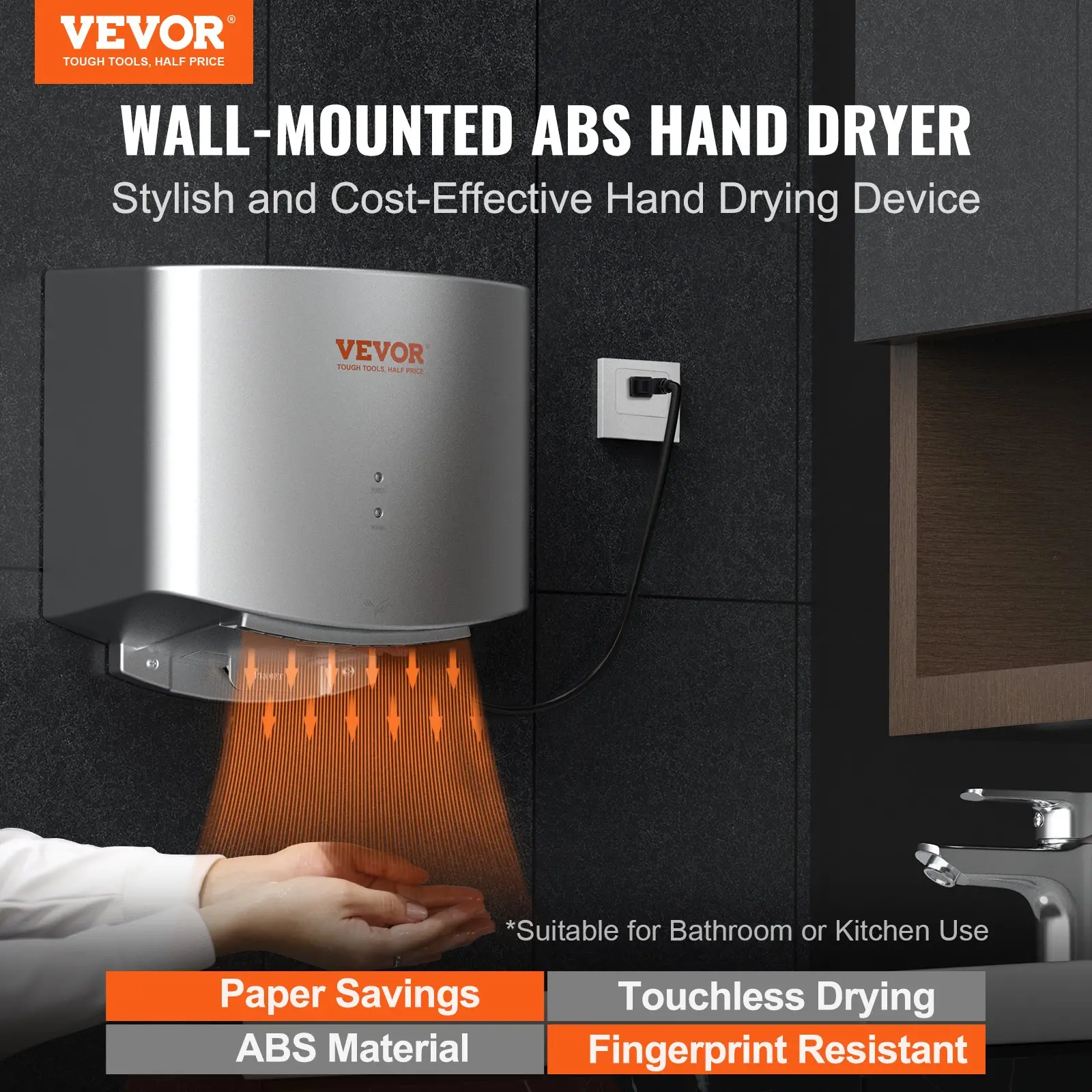 Wall-mounted ABS hand dryer in use.