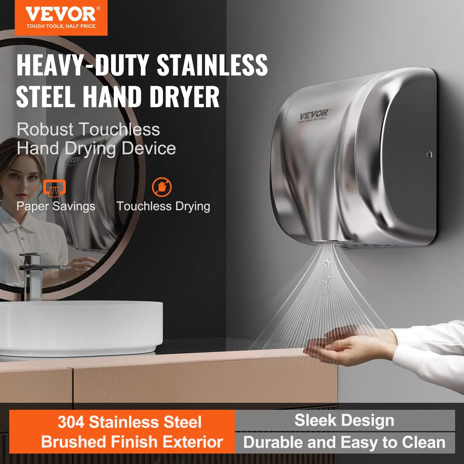 Touchless stainless steel hand dryer in bathroom