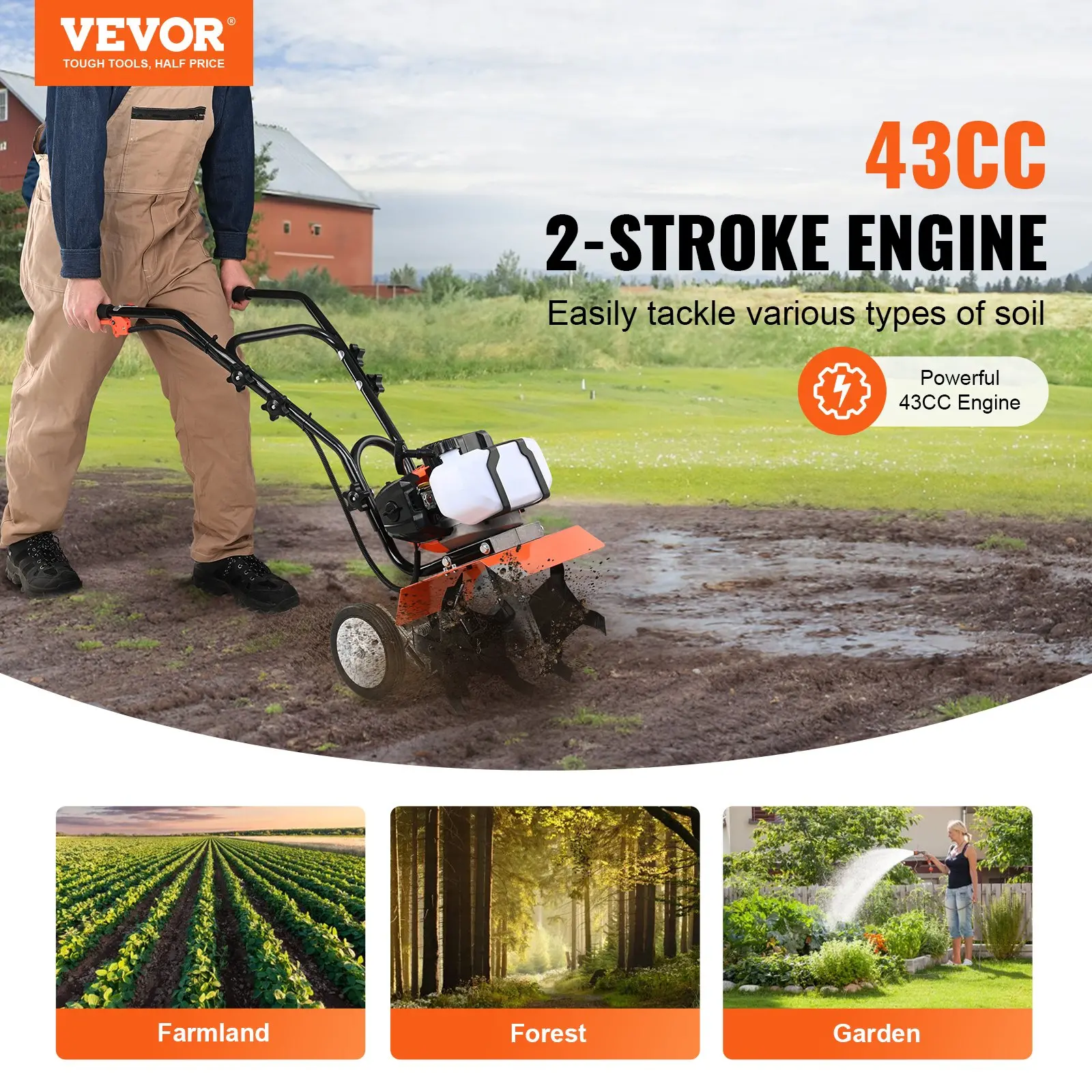 Man using 43CC 2-stroke engine tiller on soil.