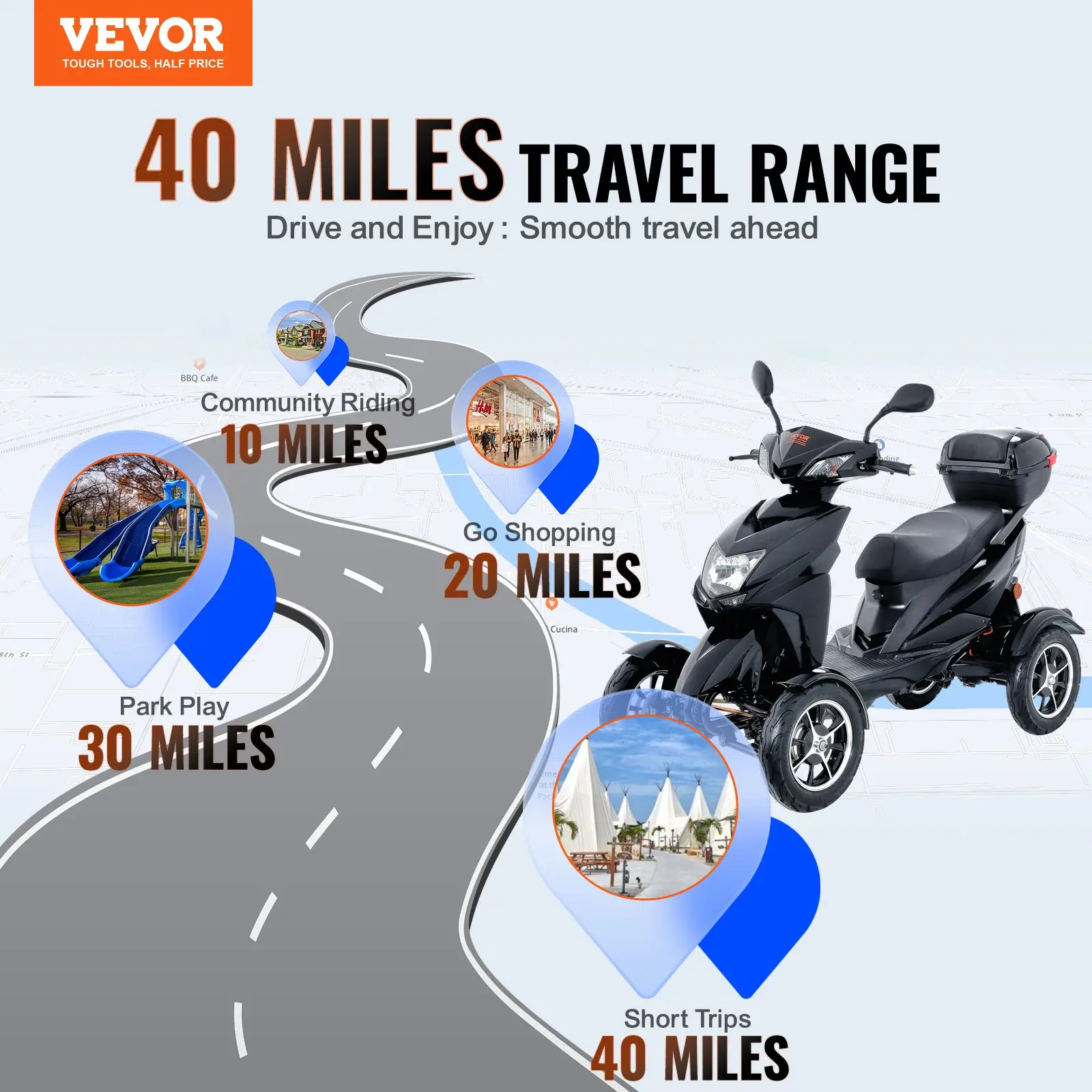 Scooter, 40 miles travel range for various activities.