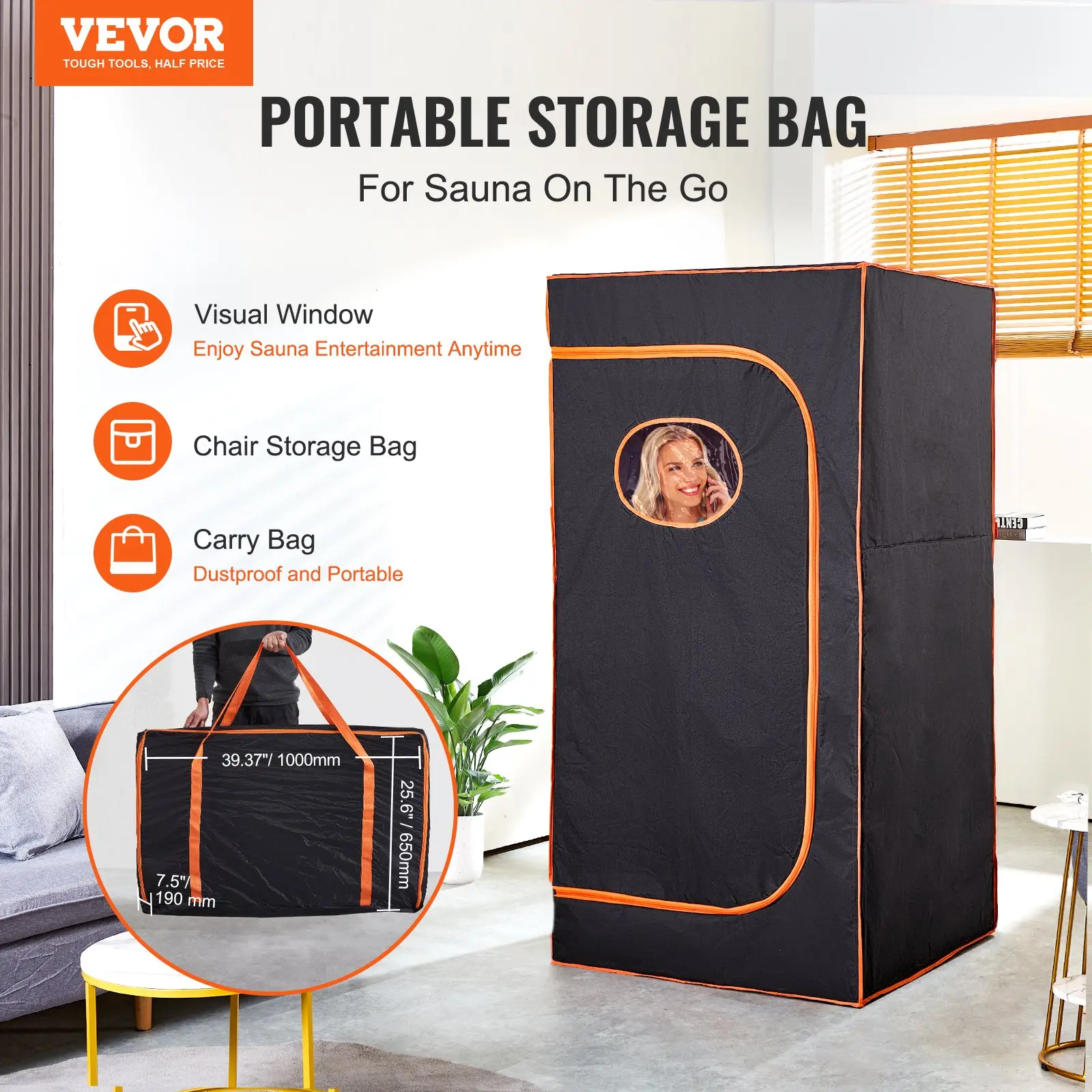 Portable sauna storage bag with visual window.