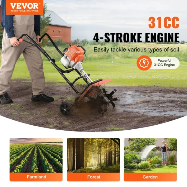 Tiller Cultivator, 31CC 4-Stroke Garden Cultivator with Adjustable Front Tines - Durable & Efficient Gardening Tool