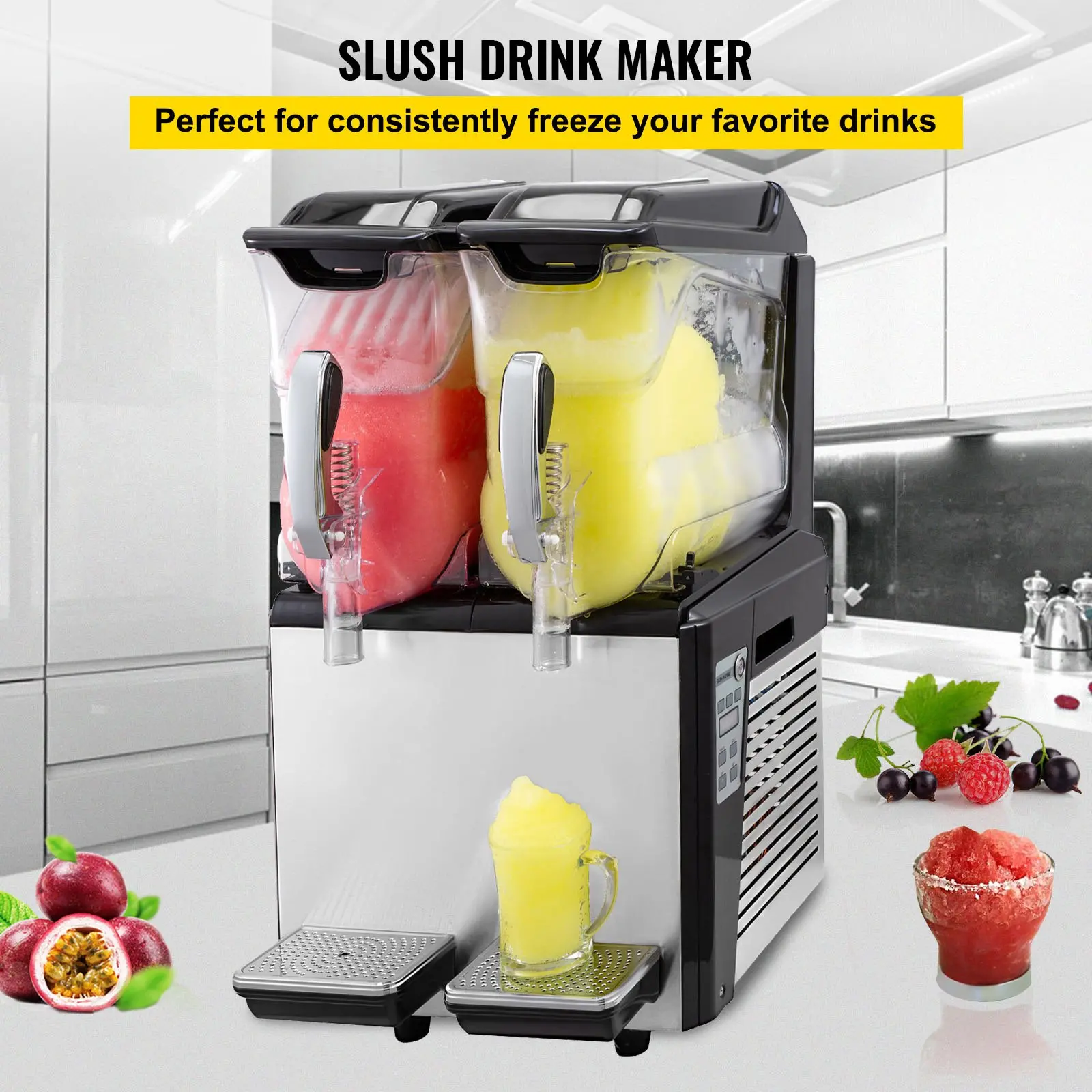 Commercial slush drink maker with dual tanks and beverages.