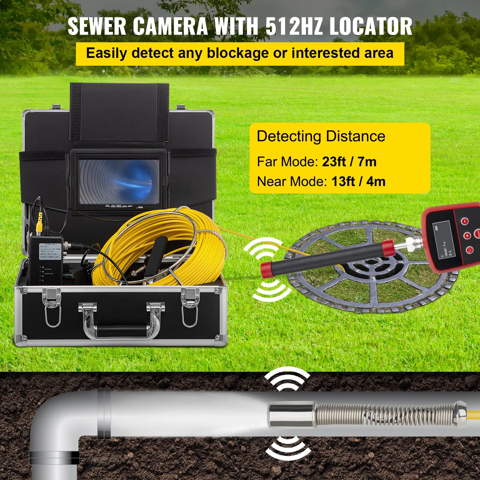 Sewer camera with 512Hz locator detecting blockages.