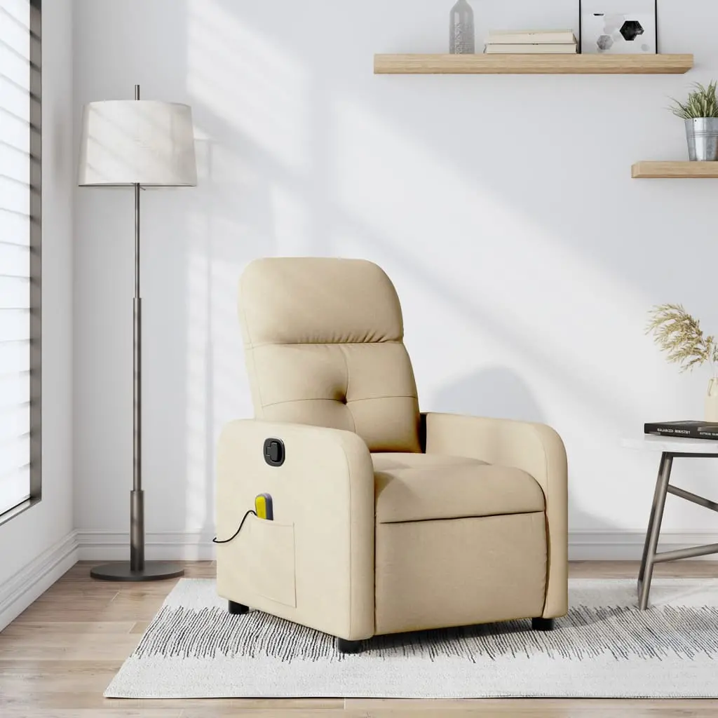 Beige recliner chair beside lamp and table in room.