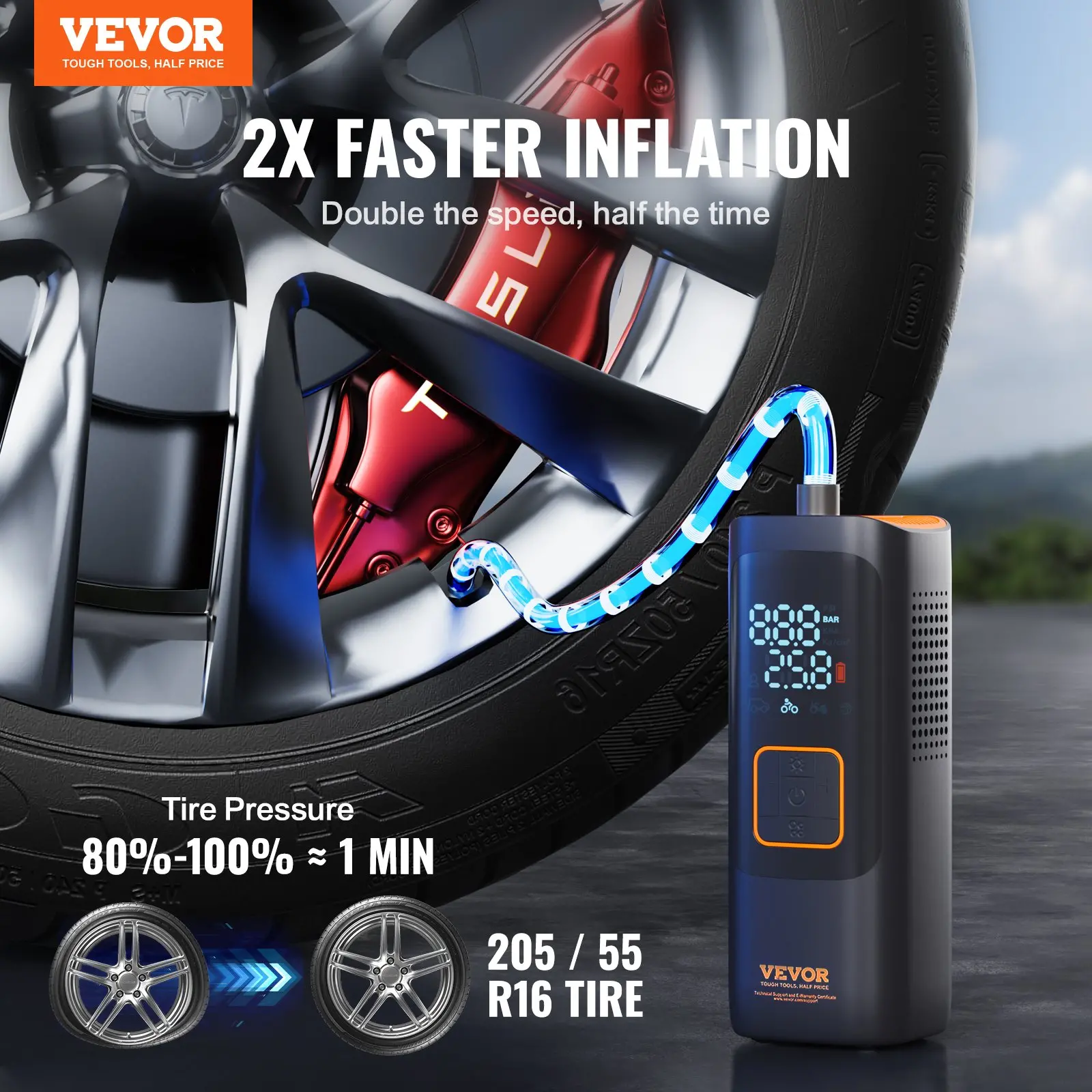 Vevor tire inflator, faster inflation, digital display.