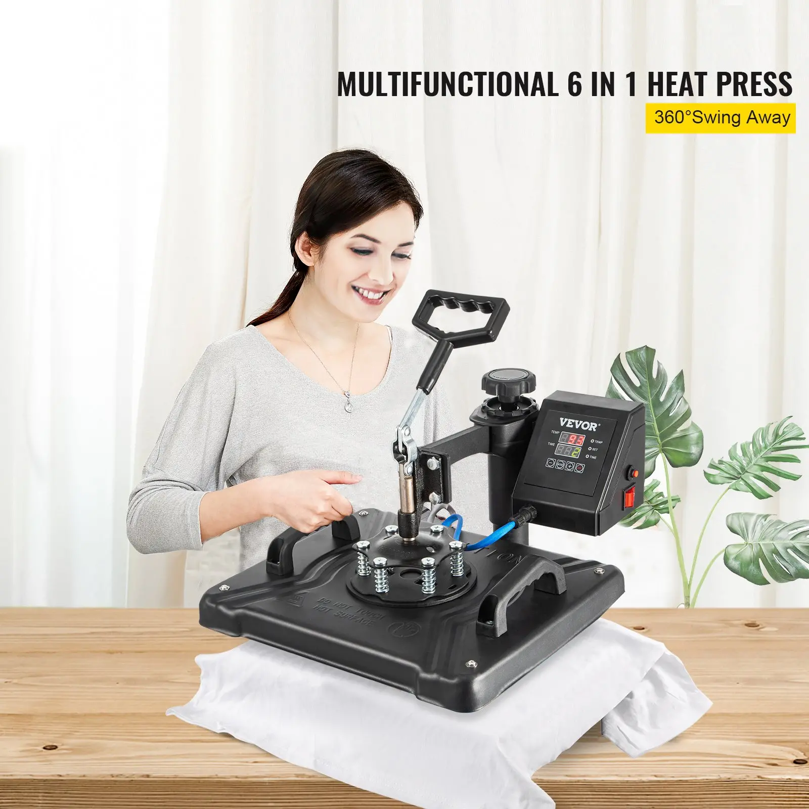 Woman using multifunctional 6 in 1 heat press