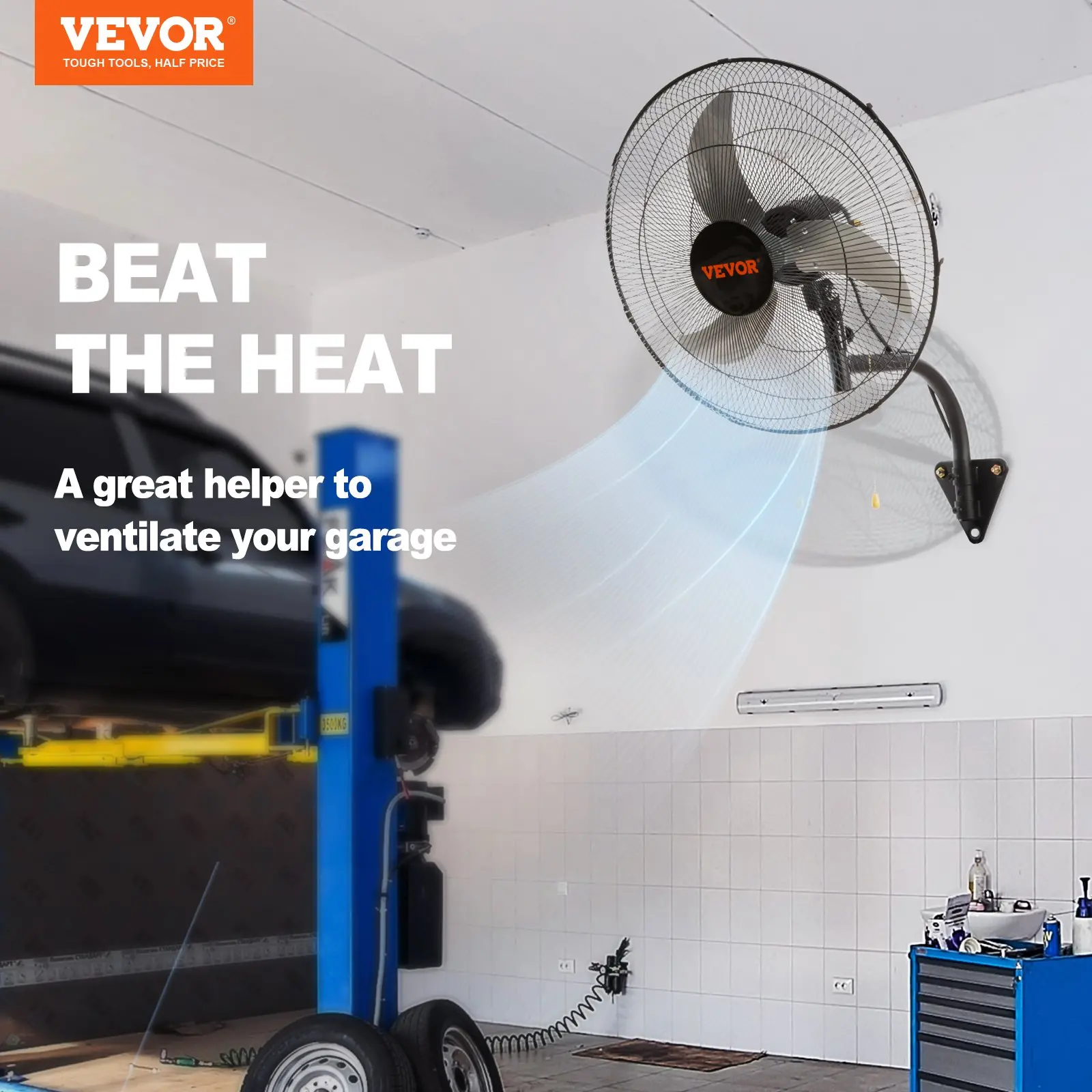 VEVOR fan ventilating a garage with raised car.