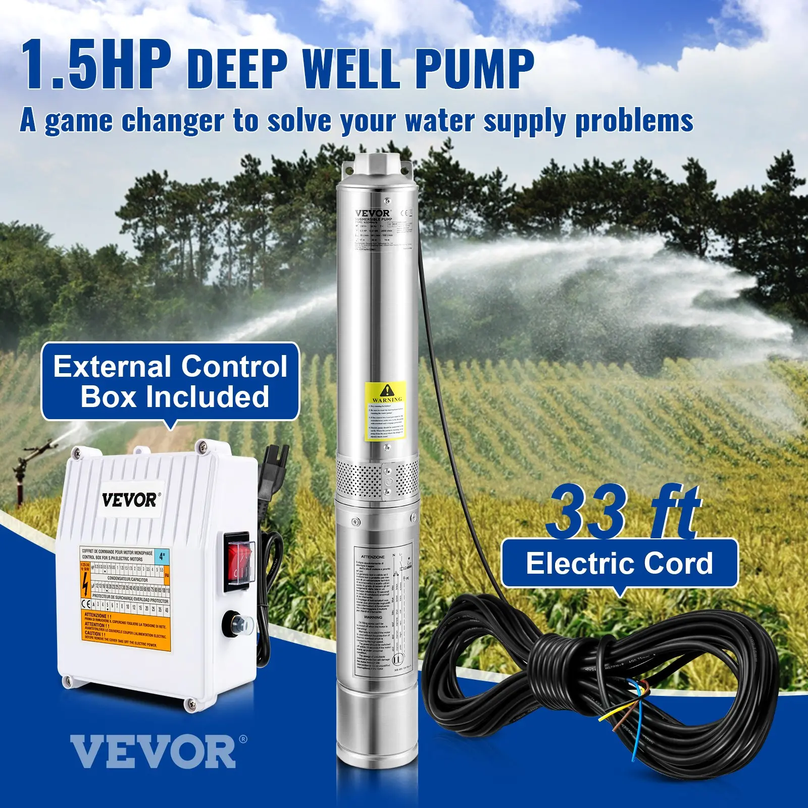 1.5HP deep well pump with control box and cord.