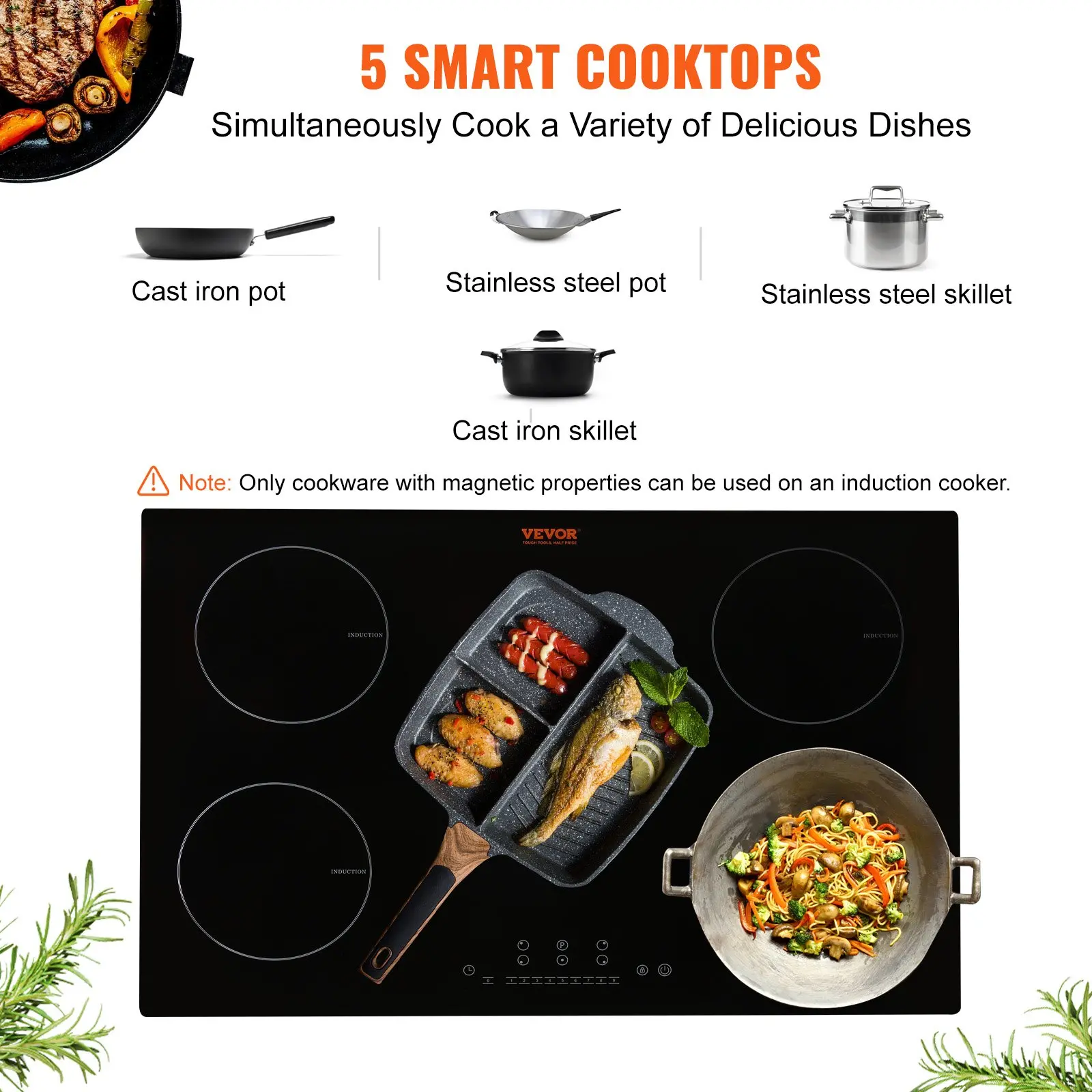 5 smart cooktops with cookware, induction-only compatible.