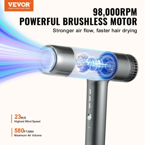 VEVOR Professional Hair Dryer - 98,000 RPM Brushless Motor, 3 Million Negative Ions, 3 Temp & Speed Settings, Lightweight, with Nozzles & Diffuser for Salon & Home