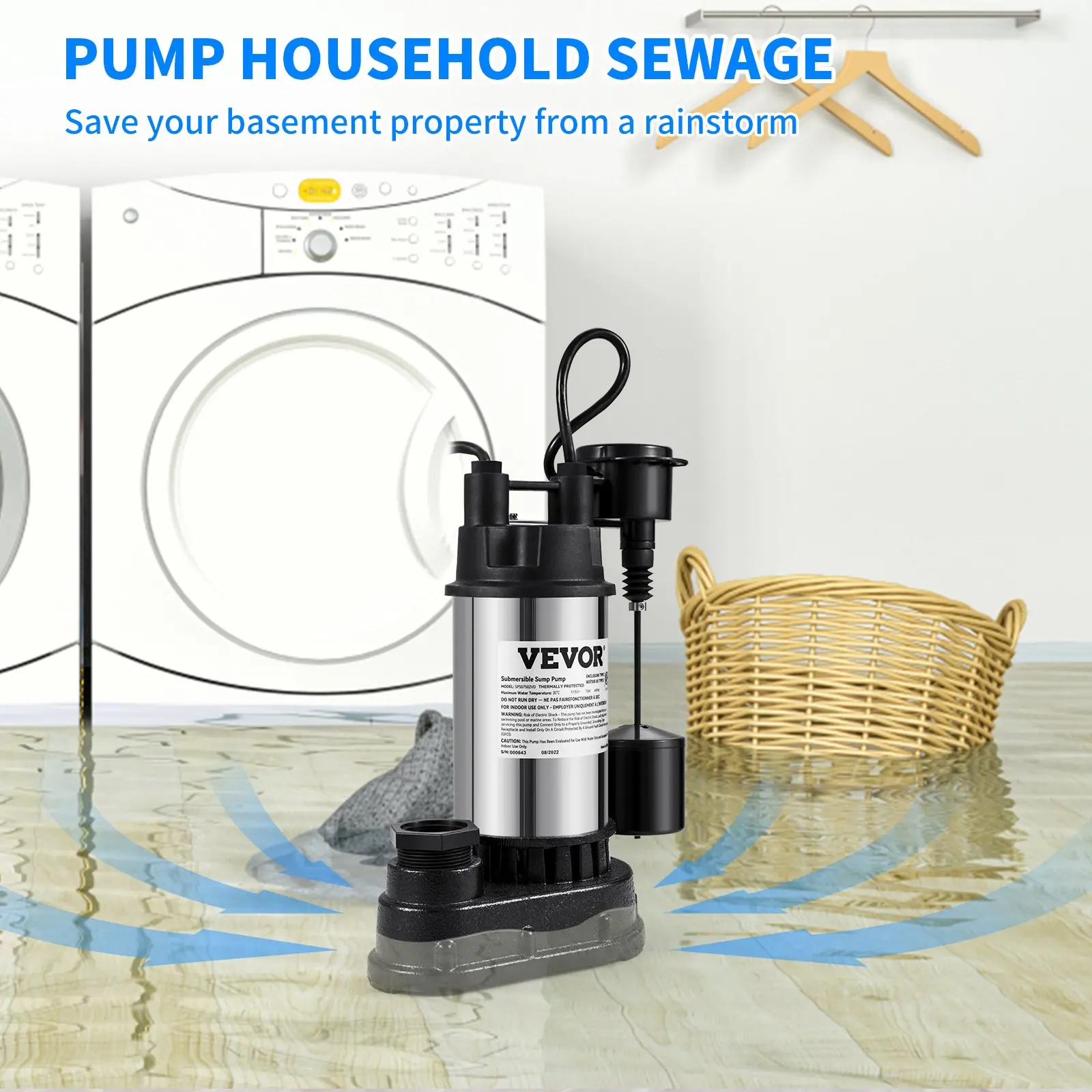 Submersible sewage pump in flooded laundry room.